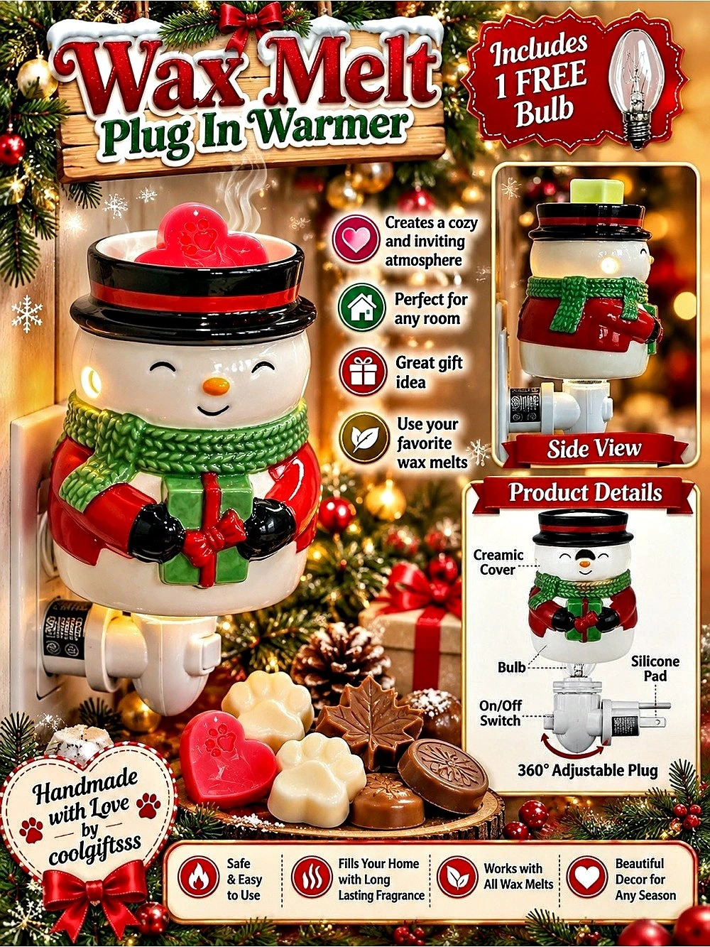 Christmas Snowman Plug In Wax Melt Warmer with Bulb Holiday Gift new great for g